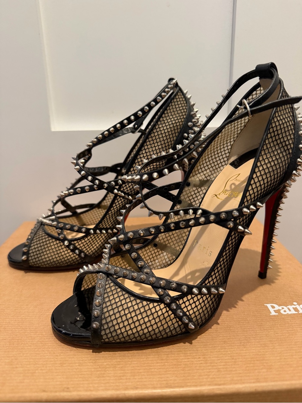 Christian Louboutin Alarc 100 Spiked Black Silver Heels Size 37
